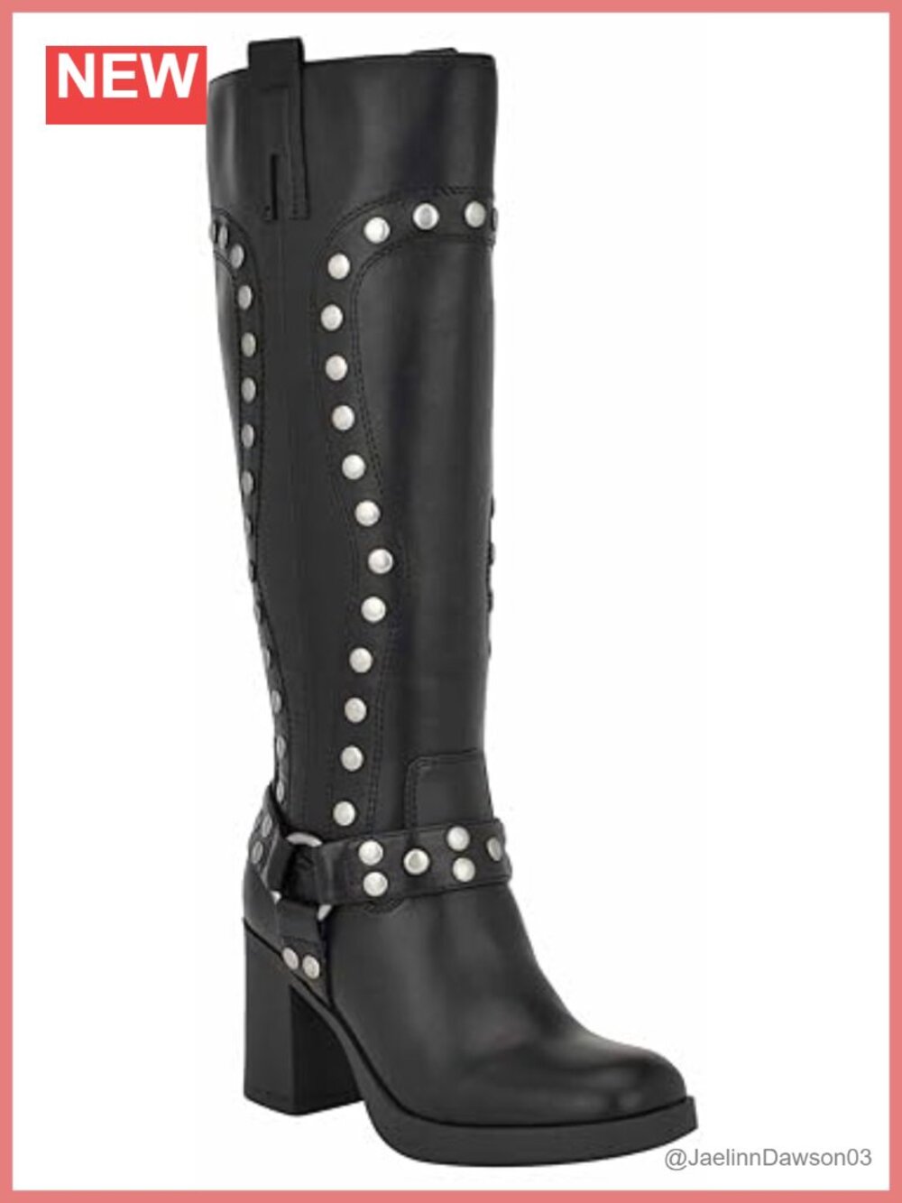 Nine West Black Motorcycle Boots Square Toe Studded Heeled Zip Knee High